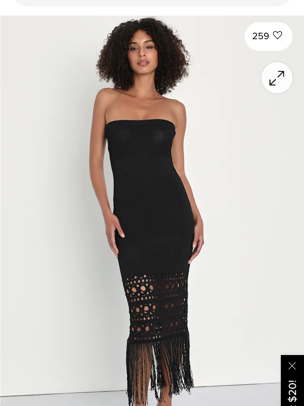 Lulu's Black Strapless Crochet Midi Dress with Fringe